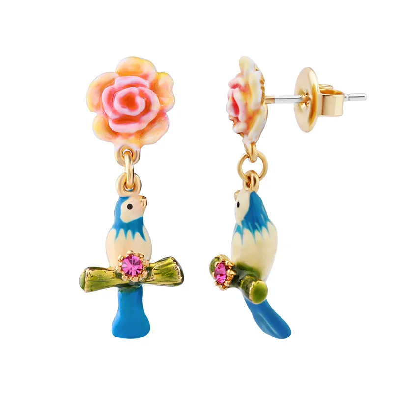 

Европейские и американские новые серьги из эмалированной глазури с ручной росписью Love Bird, розовые цветочные синие птицы, висячие серьги