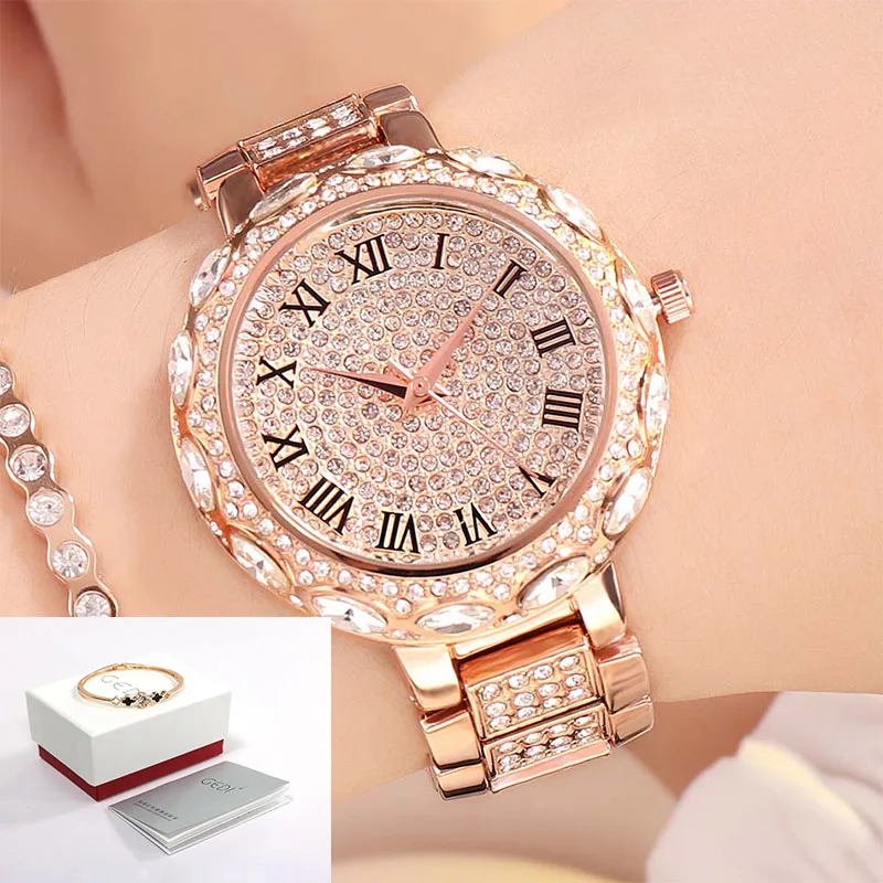 Rosegold Box GEDI роскошные женские часы с бриллиантами, полностью Стразы, наручные часы, женские часы с кристаллами, золотые женские кварцевые часы zegarek damski - Цвет: Rosegold Box