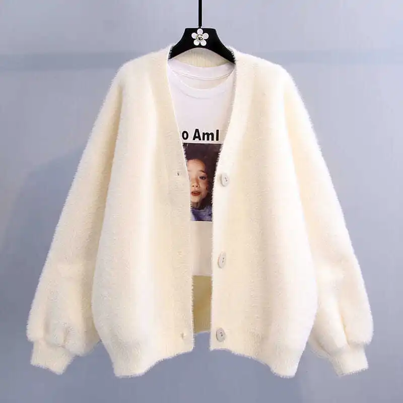 

Autumn Imitation Mink Velvet Solid Color V-neck Cardigan Buttoned Ladies Cardigan, White New Korean Loose Knitted Winter Sweater