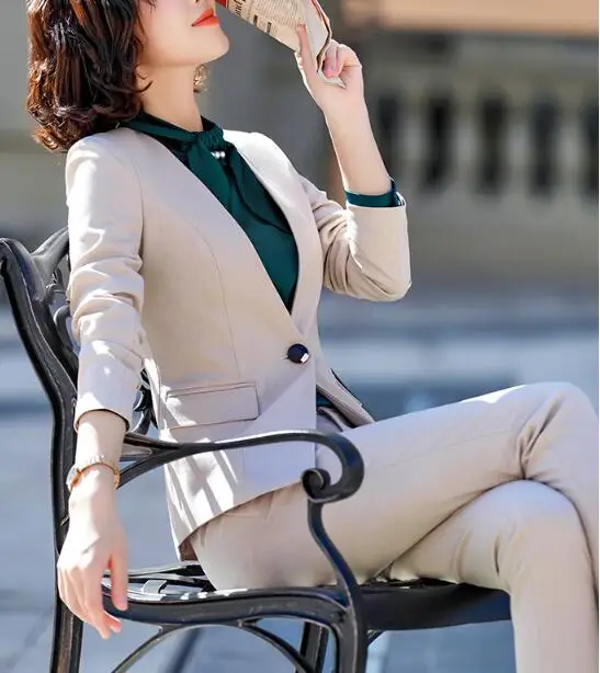 pant suit apricot Осенний Fmasuth элегантный костюм с рюшами для офиса, костюм с юбкой, Осенний блейзер с длинными рукавами, куртка+ юбка, 2 предмета, Женский костюм с юбкой для работы - Цвет: pant suit apricot