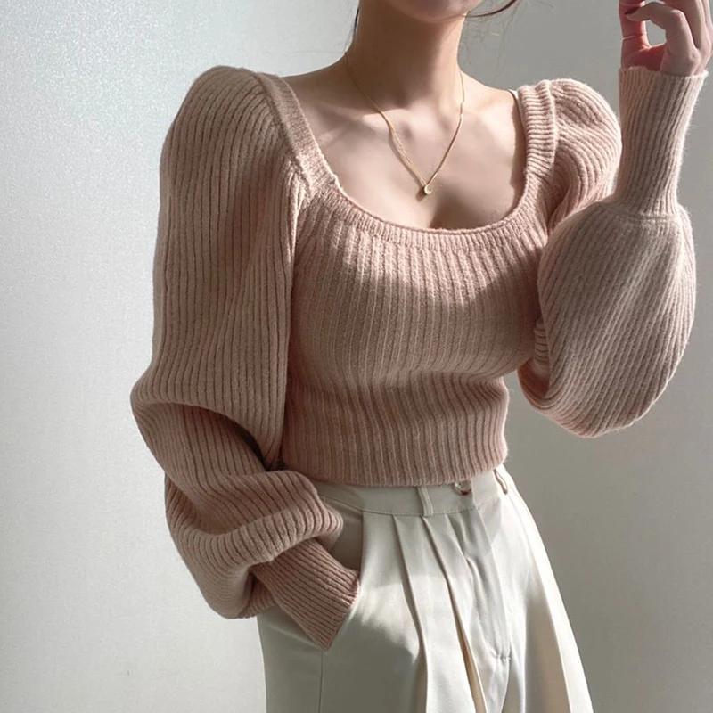 

Knitted Warm Solid Top Women's Long-sleeved Loose Sweater Women Retro Temperament Square Neck Puff Sleeve Women's Sweater 16141