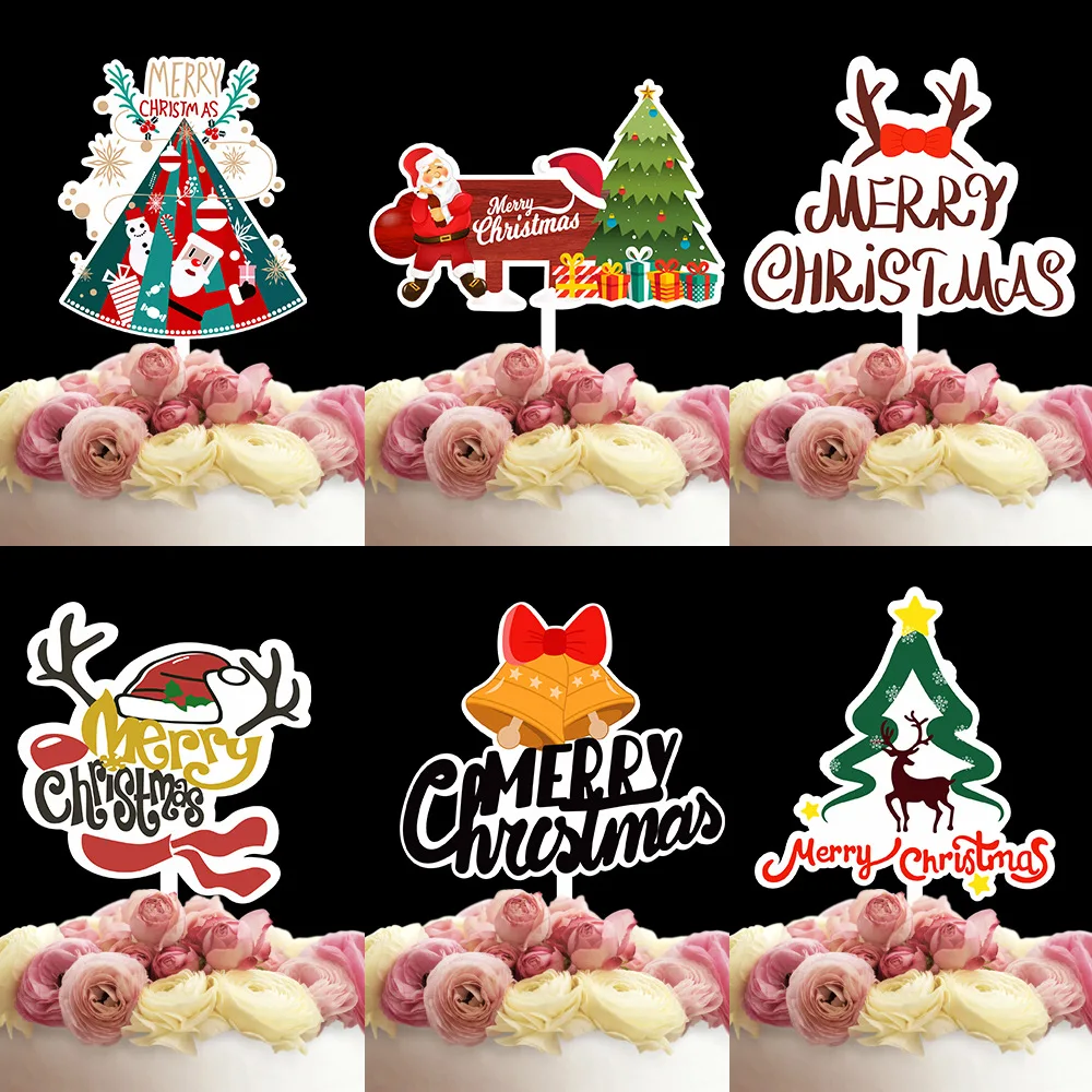 

New Year Decoration 2022 Acrylic Color Christmas Cake Topper Antlers Bell Tree Santa Cupcake Topper Dessert Table Baking Supplie