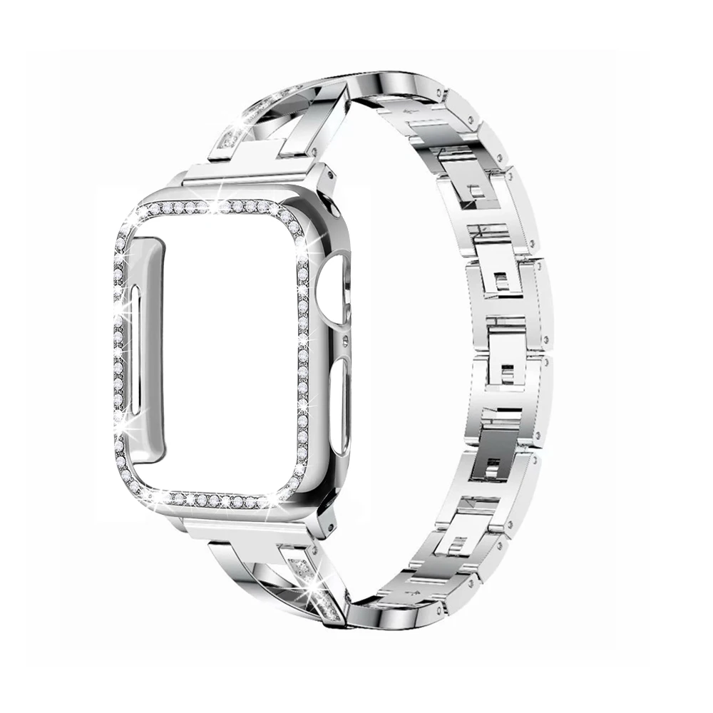 Для Apple Watch ремешок для женщин+ чехол 38 мм/42 мм/40 мм/44 мм с бриллиантами iwatch серия ремешок из нержавеющей стали 5 4 3 2 1 браслет - Цвет ремешка: Silver