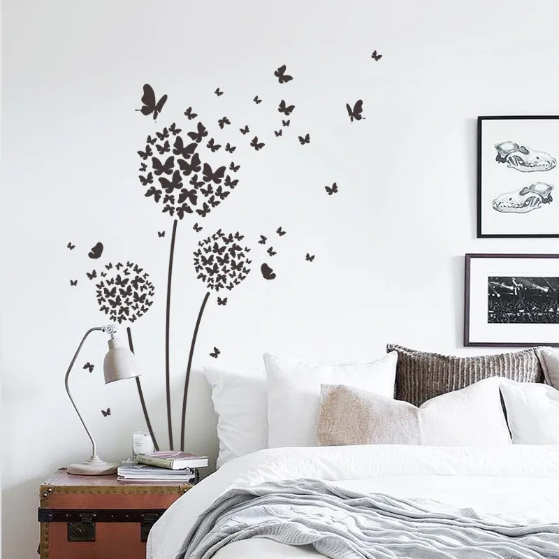 

Large Black Dandelion Flower Wall Stickers Home Decoration Living Room Bedroom Furniture Art Decals Butterfly Murals