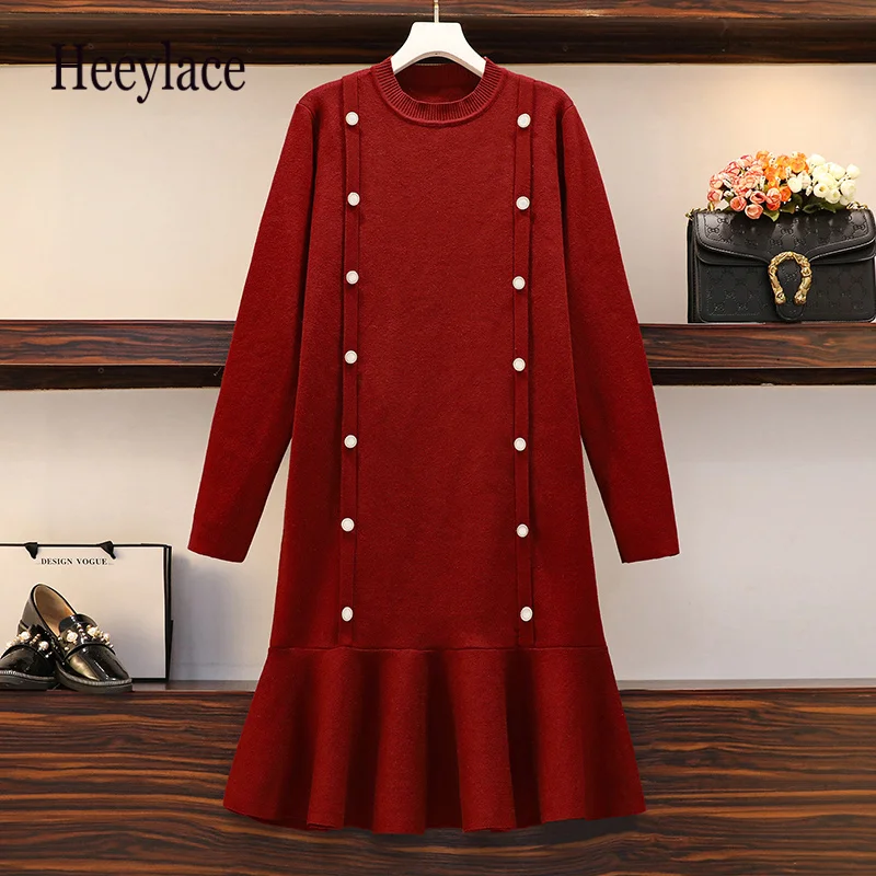 

Plus Size Women Knitted Dresses Autumn Winter Long Sleeve Solid O Neck Ruffles Korean Casual Basic Sweater Dresses 4XL Vestidos