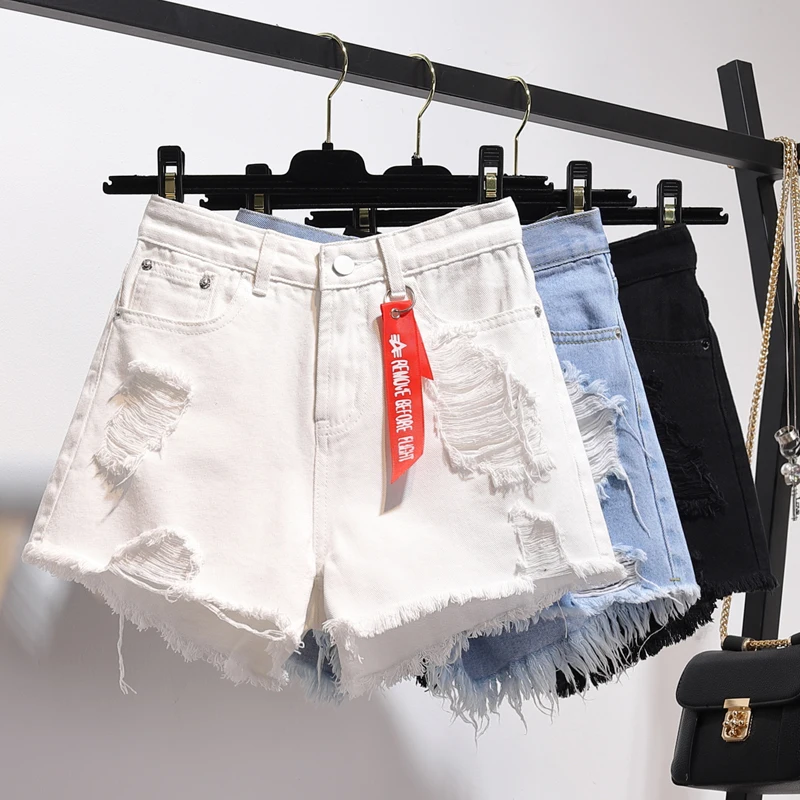

Шорты женские джинсовые с завышенной талией, повседневные тонкие свободные трапециевидные штаны с широкими штанинами, с дырками, лето 2021