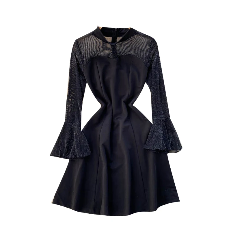 

2021 Spring New Fashion Temperament Vestidos Female Stand-up Collar See-through Lace Flared Sleeves Waist Slim Mini Dress GK002