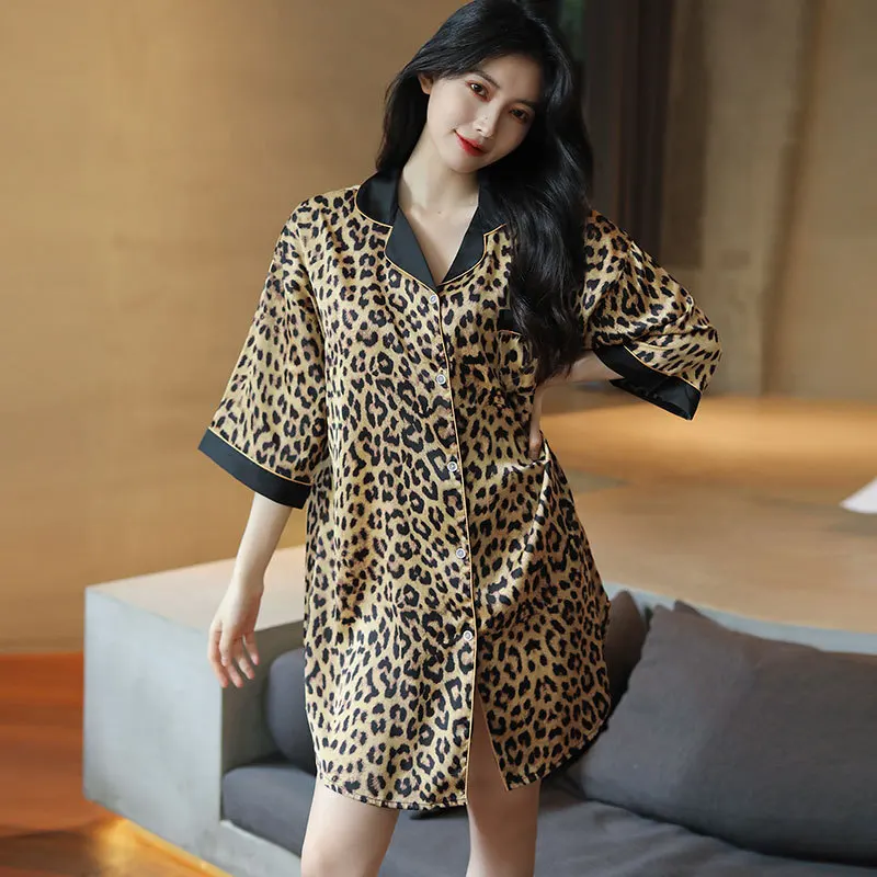 

Female Nightgown Intimate Lingerie Satin Homewear Nightdress Leopard Sexy Sleepshirt Short Sleeve Casual Nightwear With Pocket