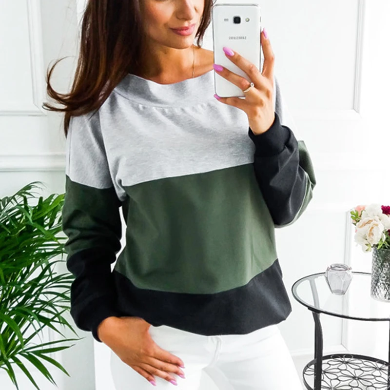 

Autumn Female Pullovers Tops Sport Colors Patchwork Women O-Neck Sweatshirts Back Lace-up Long Sleeve Tennis T-Shirt New