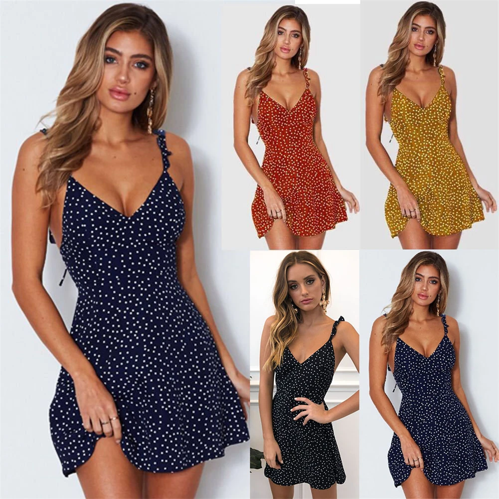

2021 Summer Women Dress V Neck A Line Sexy High Waist Dot Printing Mini Dresses Vestidos Back Lacing Straps Backless Dress XXXL