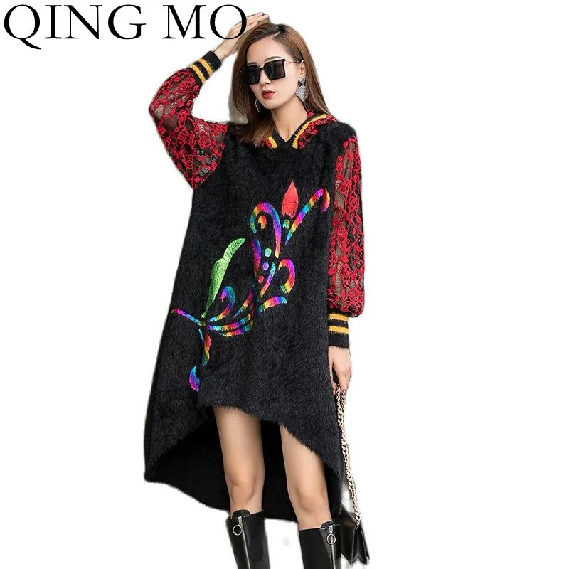 

QINGMO Fashion Lace Sleeve Splicing Mink Fleece Hooded Sweater Dress Women 2021 Autumn New Loose Irregular Knitted Dress ZWL1538