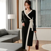 2022 spring new korean womens temperament slim fit v neck medium and long sleeve color matching lace up knitted casual dress