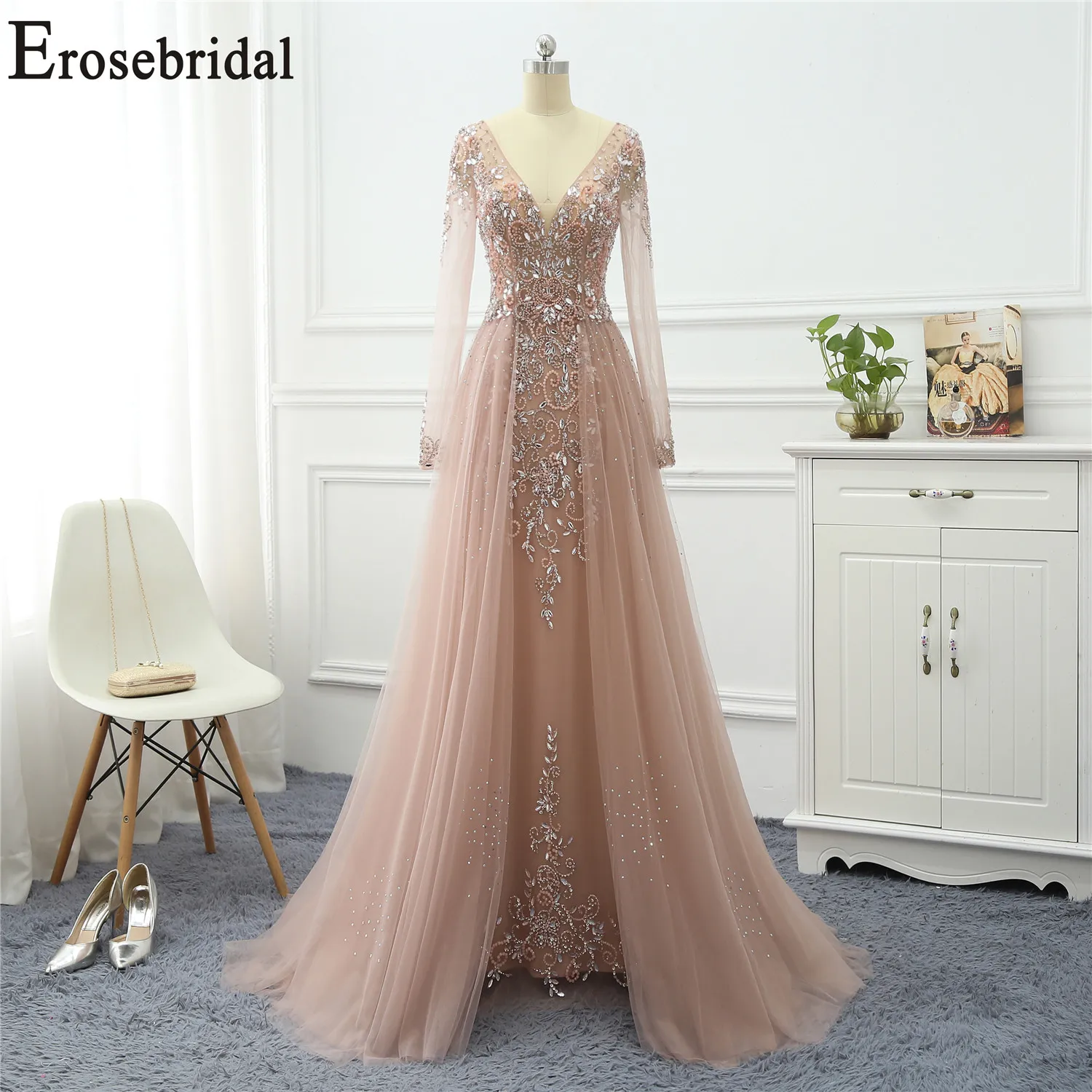 Erosebridal платья с длинным рукавом для особых случаев для женщин вечернее платье Длинные официальные платья вечерние платья тюль ткань с бисером