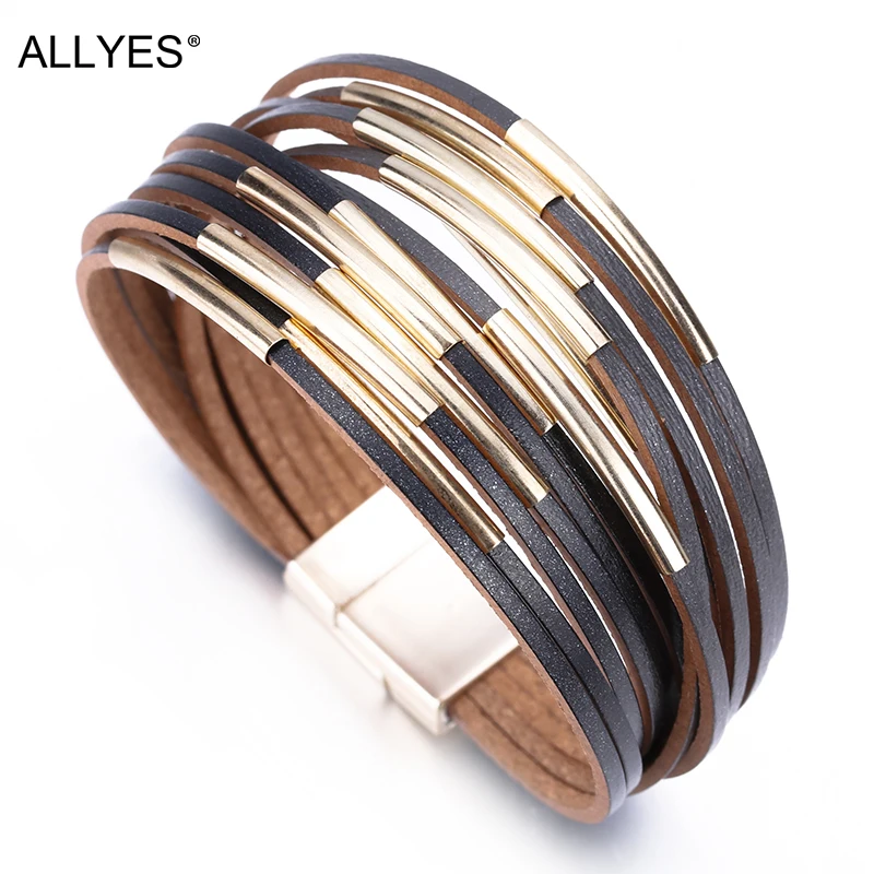 

ALLYES Slim Strips Leather Bracelets For Women 2022 Fashion Metal Charm Boho Wrap Multilayer Wide Men Bracelet Jewelry