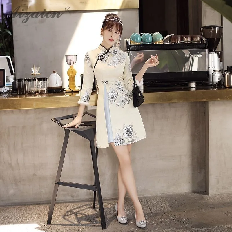 Высококлассное жаккардовое переплетение Cheongsam китайское модное китайское традиционное платье Qi Pao Восточный стиль платья с вышивкой Qipao зима