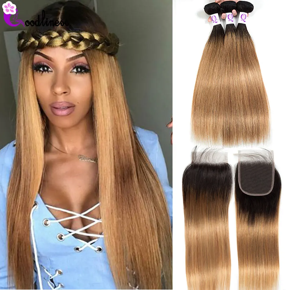 Goodliness Ombre пряди с закрытием 1B/27 блонд Омбре перуанские волосы плетение прямые