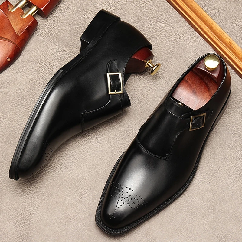 

Vintage Pointed Toe Man Single Retro Shoes Genuine Leather Formal Dress Oxfords Breathable Men's Monk Strap Flats MDE196
