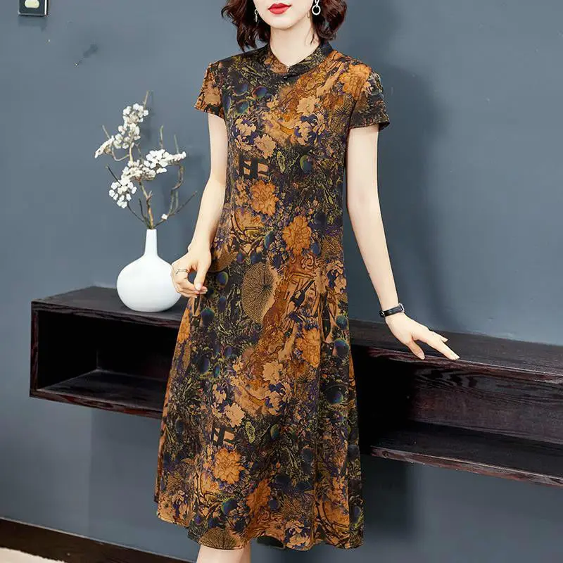

Mother's Fragrant Cloud Gauze Silk Dress Women's 2020 New Summer Middle-aged And Old Women's Mid Long Mulberry Silk Clothing