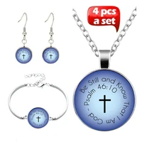 bible verse be still and know that i am god glass pendant necklace bracelet earring jewelry set totally 4pcs for womens fashion