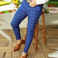spring 2022 men pants business slim fit beltless plaid stripe print suit pants autumn buttoned streetwear male trousers harajuku