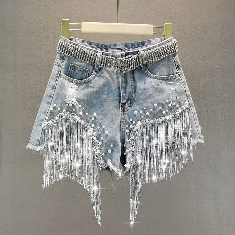 

Woman jeans 2021 Summer New Elegant Shorts Lady Tassel Beading High Waist Wide Leg Denim Shorts Female Casual Solid Shorts