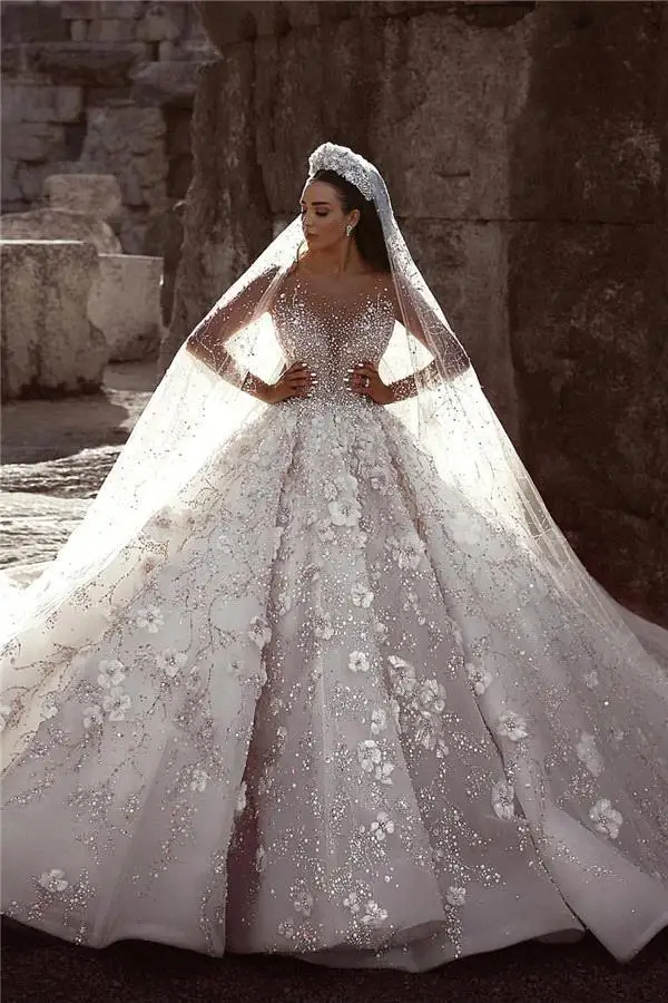 

Eslieb elegant dubai wedding dress with beadings rhinestone pearls bridal gown with lace long train custom made HA128