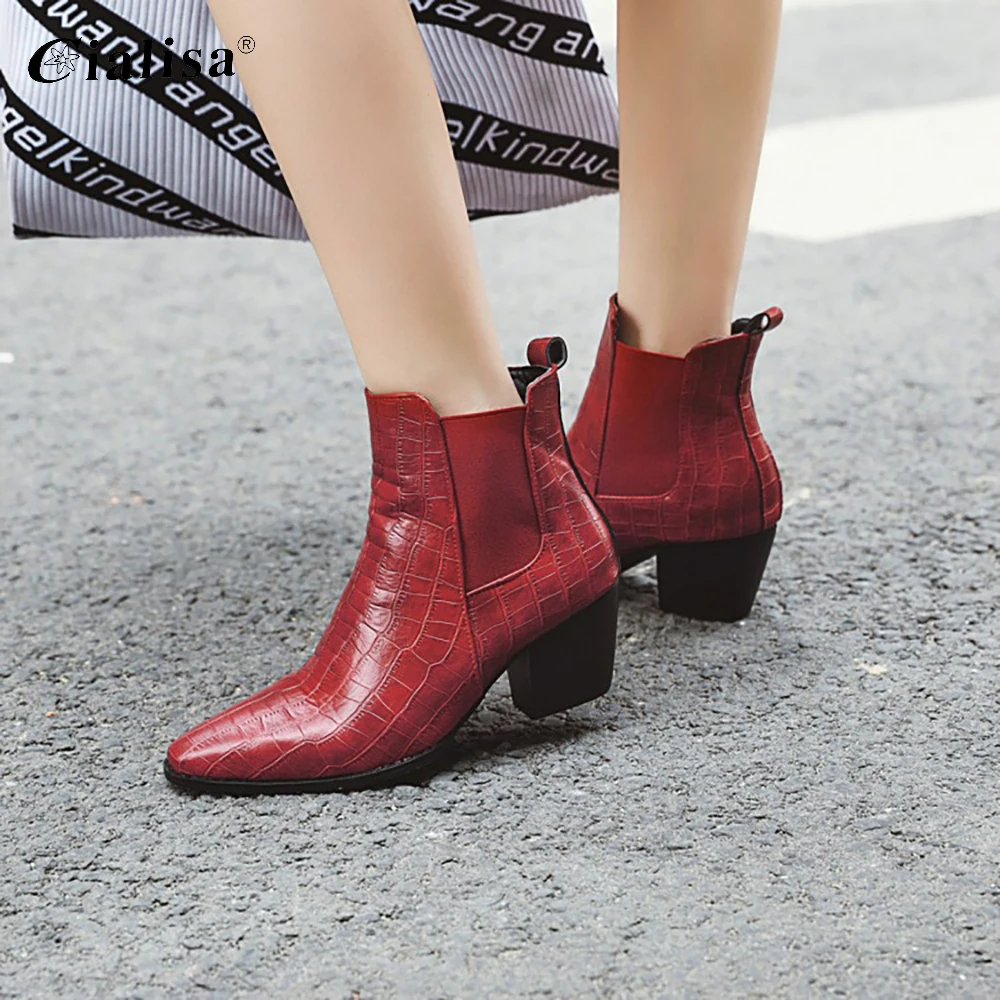 

CIALISA Women Boot 2020 Winter Fashion PU Leather Pointed Toe Super High Heel Middle Boot Slip On Short Plush Wedge Warm Shoes