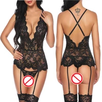 ladies deep v neck lace sexy babydoll sexy womens transparent floral embroidered lingerie set garter thongs stockings set
