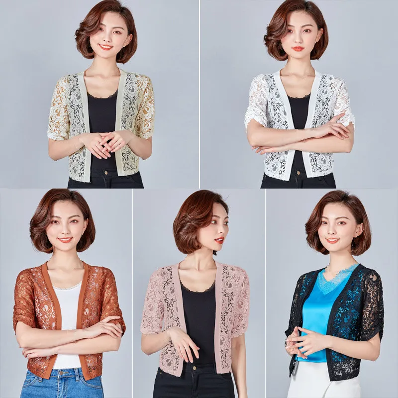 Белая кружевная блузка кардиган маленькая короткая летняя Классная рубашка с