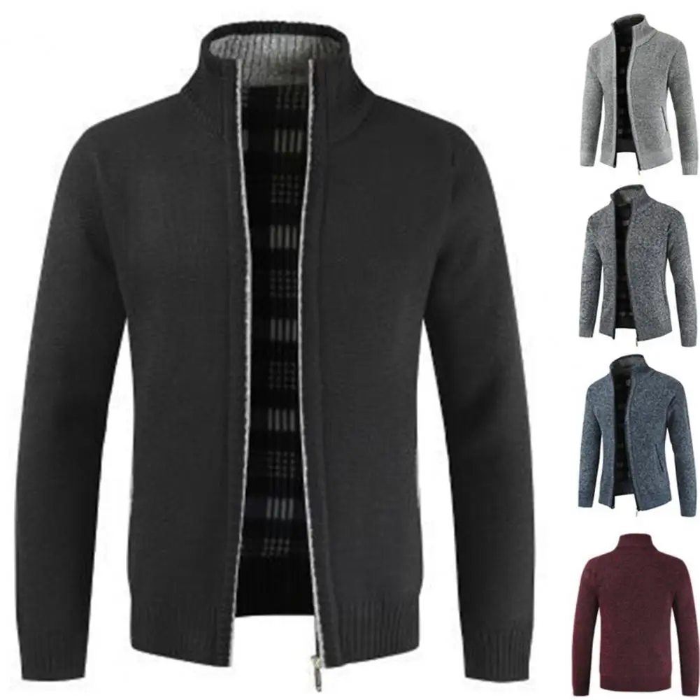 

Autumn Winter Men Knitted Sweater Pockets Plush Liner Warm Slim Cardigan Coat