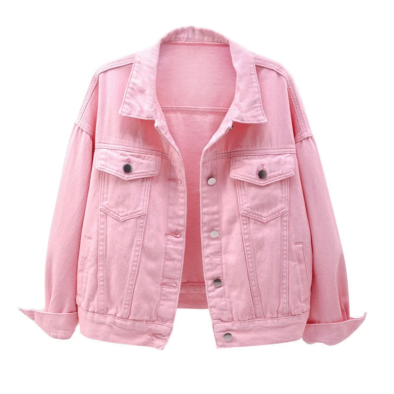 

Women's plus size denim jacket spring autumn short coat pink jean jackets casual tops purple yellow white loose outerwear