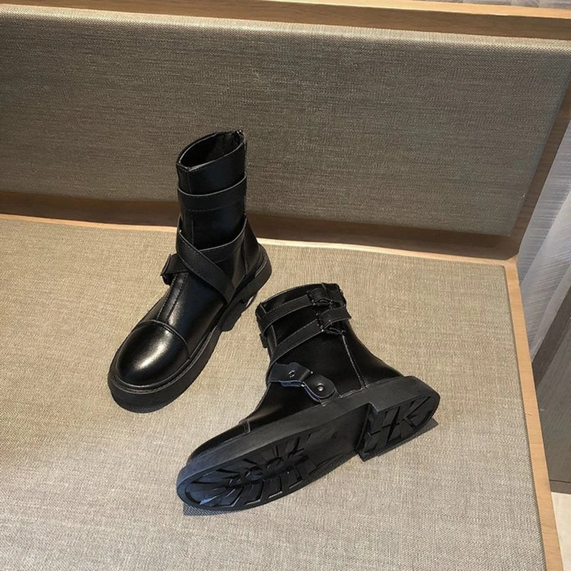 

Ladies Fashion Ankle Boots Women's Spring Autumn Zipper Leather Boots Flat Black Comfortable All-match Leather Boots