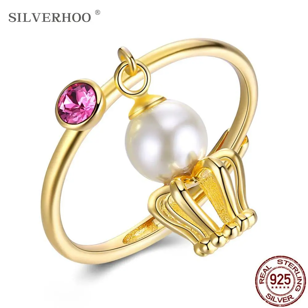 

SILVERHOO 925 Sterling Silver Rings Women Gold Color Crown Adjustable Shell Pearl Ring Anniversary Fine Jewelry New Arrivals