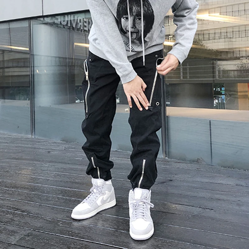 

High Street Zipper Multi-pockets Black Overalls Men and Women Drawstring Oversize Loose Casual Track Pants Hip Hop Trousers
