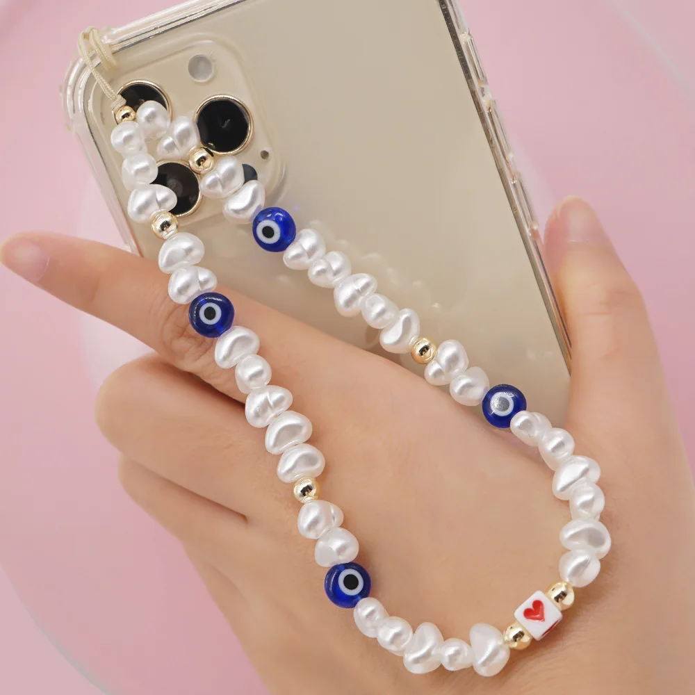 

White Strange Imitation Pearl Blue Evil Eyes Beaded Mobile Phone Chain Telephone Cellphone Strap Lanyard Women Jewelry Wholesale