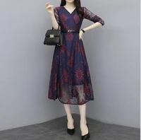2021 summwr new womens dress korean version retro slim v neck long sleeve bottom skirt lace grils dressess