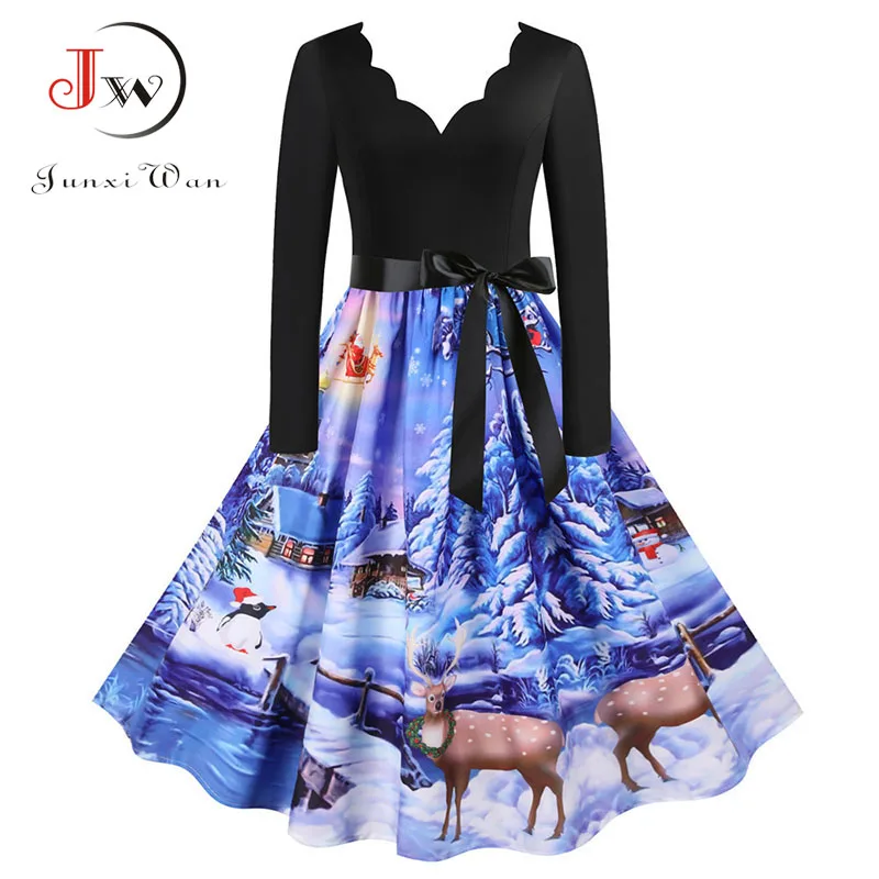 

Women Christmas Dress Plus Size S~3XL Long Sleeve V Neck Sexy Party Xmas Sundress Elegant Vintage Winter Clothes Robe Femme