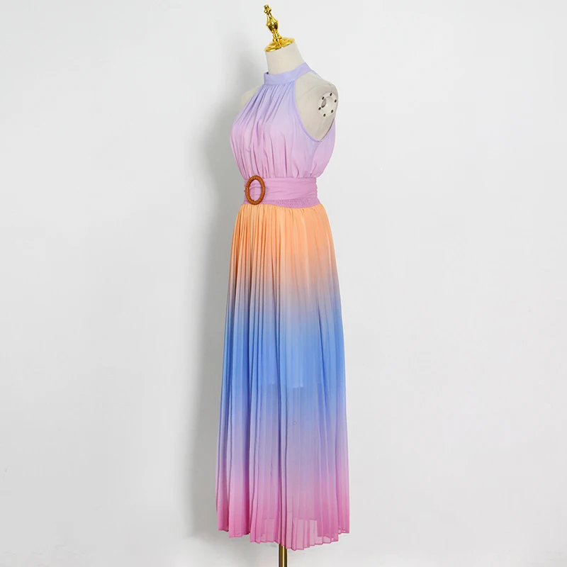 

Hit Color Summer Dress For Women Stand Collar Sleeveless Sashes Slim Pleated Midi Dresses Female 2021 Fashion Style