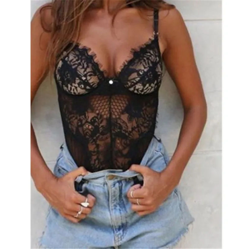 Женское Кружевное боди на бретельках без рукавов женское трико топы прозрачный