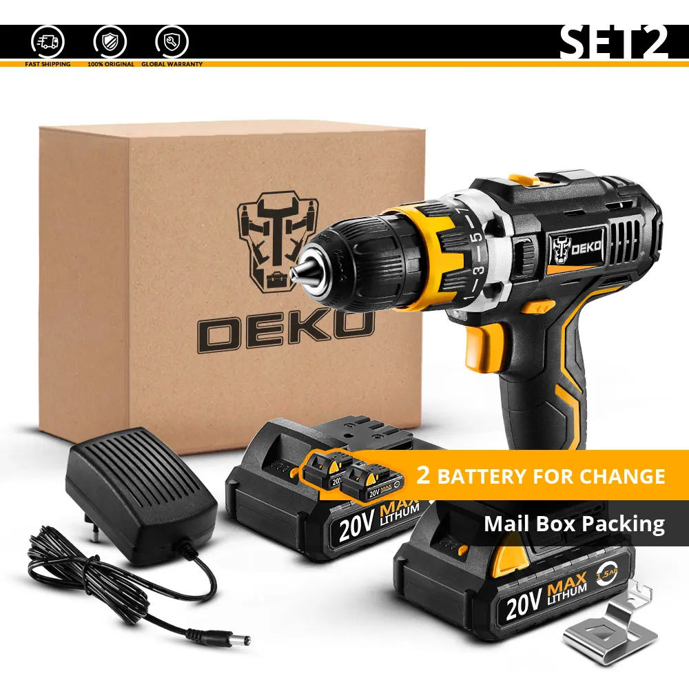 DEKO GCD20DU2Y 20 Вольт макс Электрическая отвертка аккумуляторная дрель мини беспроводной драйвер питания постоянного тока литий-ионный аккумулятор 1/2 дюйма 2 скорости - Цвет: SET 2