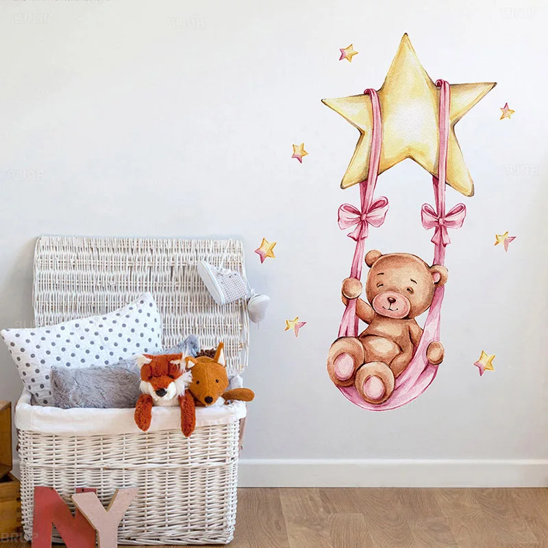 Watercolor Sweet Teddy Girl Bear Swing on the Star Wall Stickers for Kids Room Baby Nursery Room Wall Decals Room PVC Pink Stars