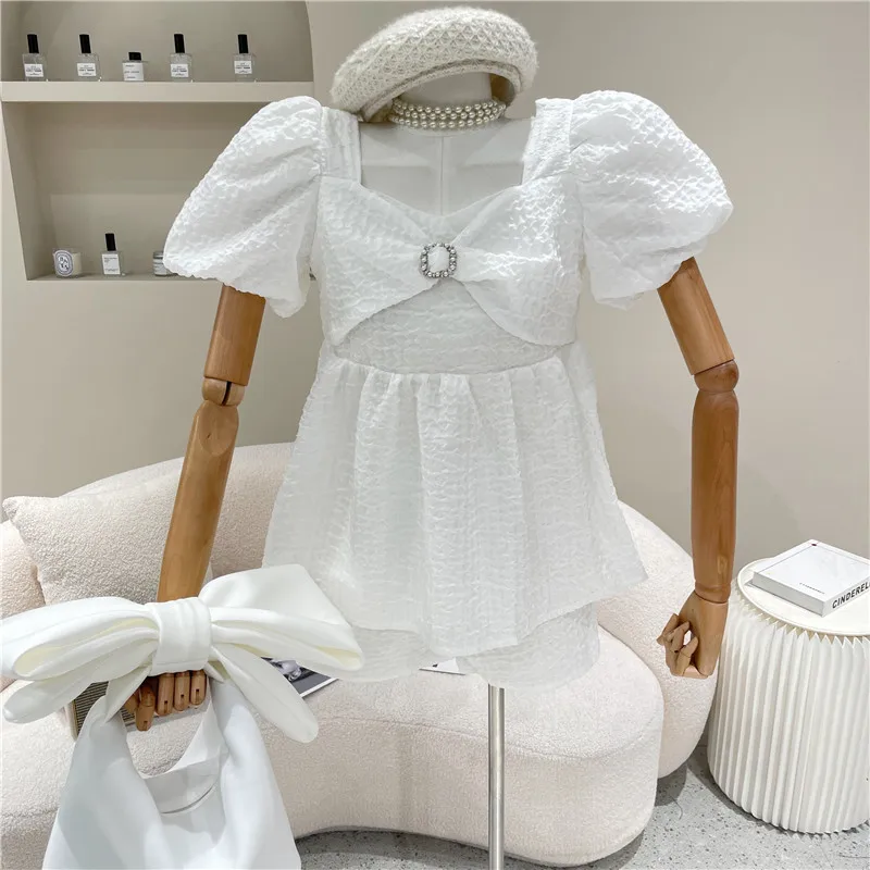 

New Women's Clothing Summer 2021 Fashion Sweet temperament puff sleeve bow top high waist loose shorts Pants