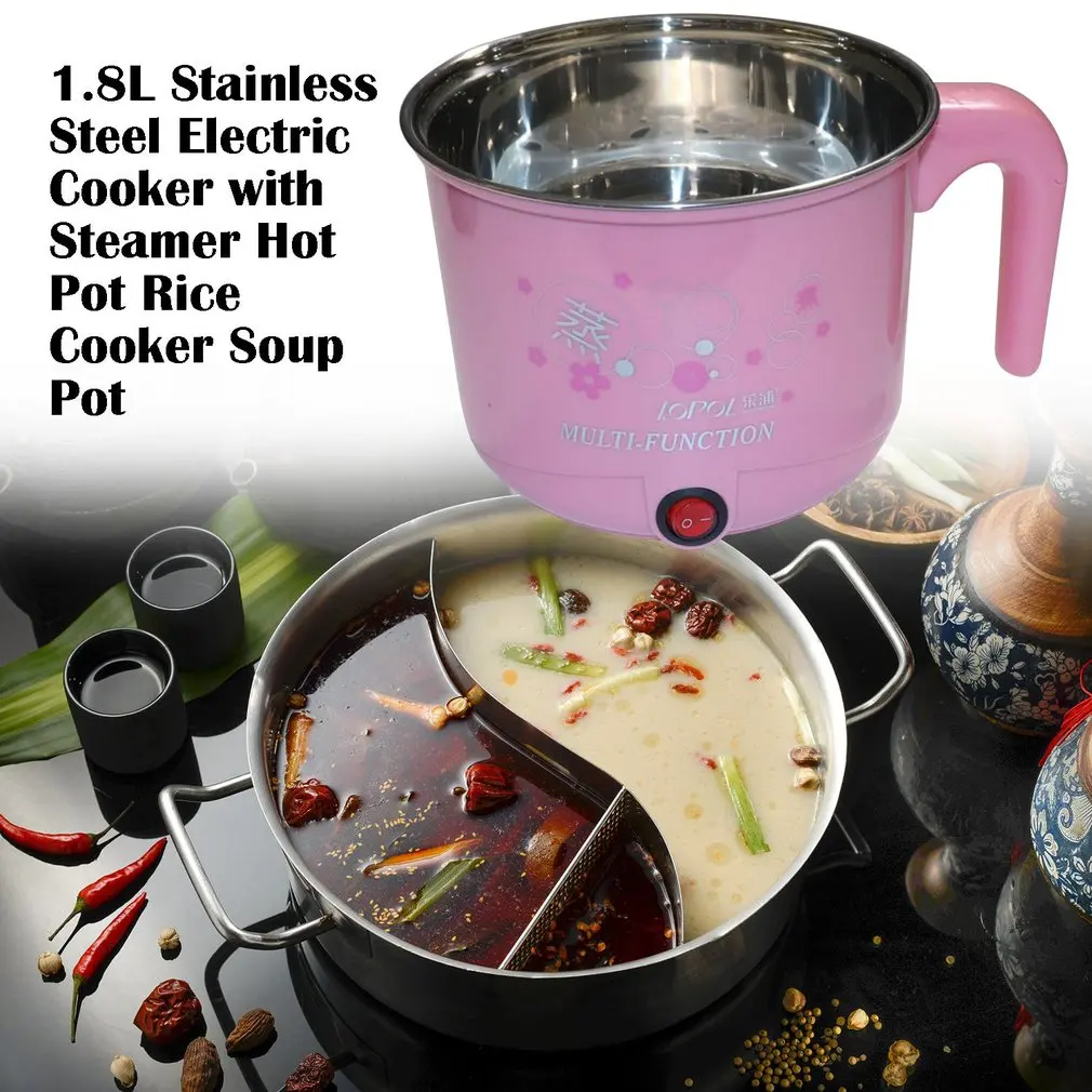 450W 1.8L Multifunction Stainless Steel Electric Cooker with Steamer Hot Pot Noodles Pots Rice Steamed Eggs Pan Soup | Бытовая техника
