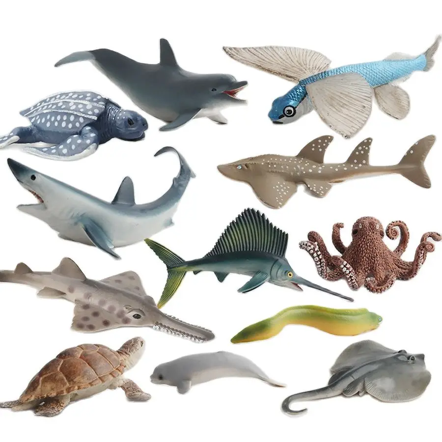Simulation Ocean Animal Model Sets Figures Shark Whale Turtle Dolphin Flying fish Sailfish Swordfish Eel Action Figurines Toys