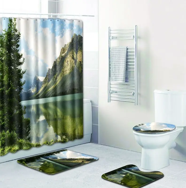 Zeegle 3d Pattern Toilet Rug Set Bath Washable Floor Mat Shower Curtain Pedestal Seat Cover Bathroom Soft Foot | Дом и сад