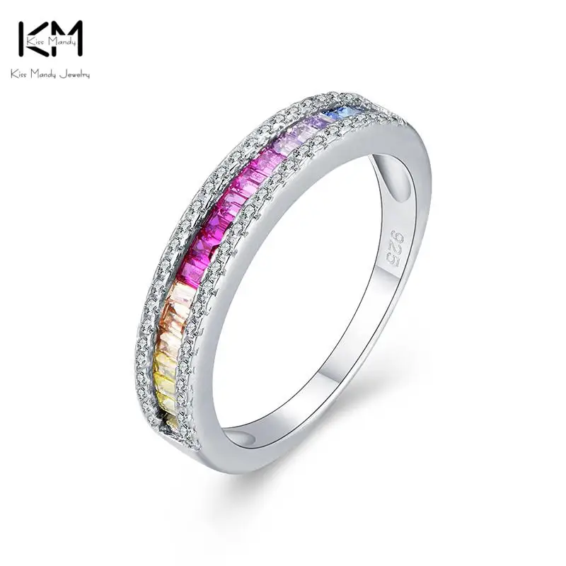 

KISS MANDY 925 Sterling Silver Wedding Band for Women Colorful AAAA Zircon Rainbow Eternity Finger Ring Women Jewelry EQR16