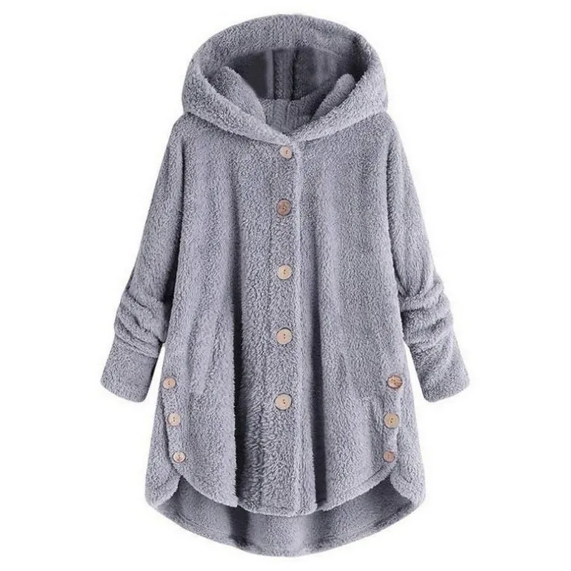 

Mazefeng Elegant Loose Thick Coat Women Autumn Winter Warm Soft Fur Jacket Female Plush Overcoat Button Casual Outwear Hooded
