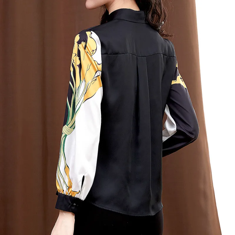 

NIJIUDING Autumn New Blouse Turn-down Neck Single-breasted Shirt Female Solid Long Sleeve Floral Print Elegant Office Lady Tops