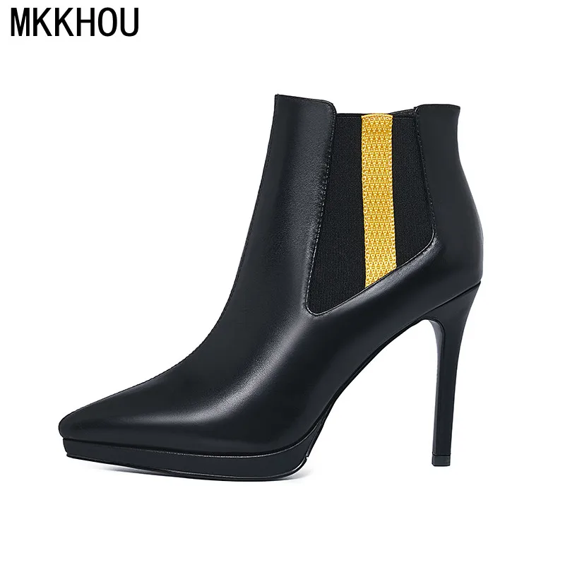 

MKKHOU Fashion Short Boots Women New Autumn Genuine Leather Pointed Toe Platform Stiletto 10cm High Heel Leather Ankle Boots