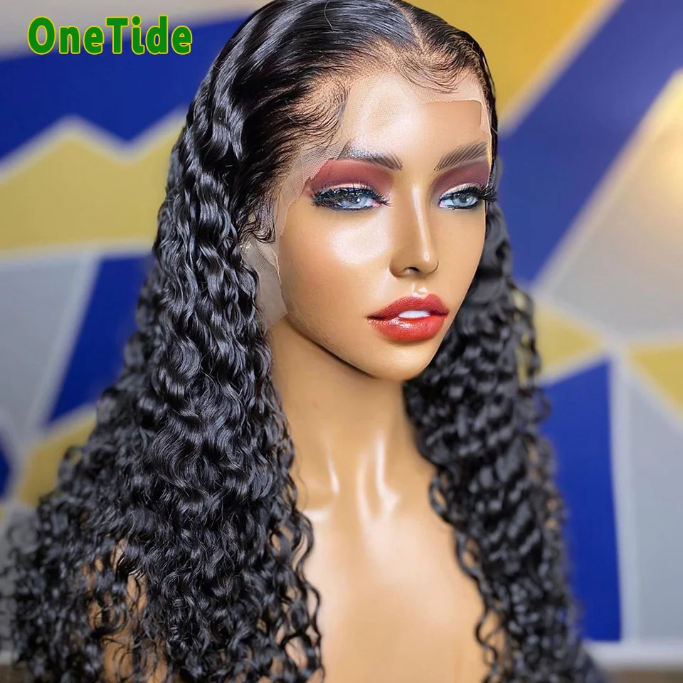 ONETIDE Brazilian Human Hair Wigs Wet And Wavey Curly Lace Front Wig For Women Deep Wave T Part Lace Frontal Wig 4X4 Closure Wig